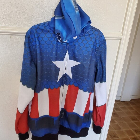 Captain America Men’s Jacket Red White Blue Full Zip Hoodie Mask Size L Costume - Picture 3 of 12